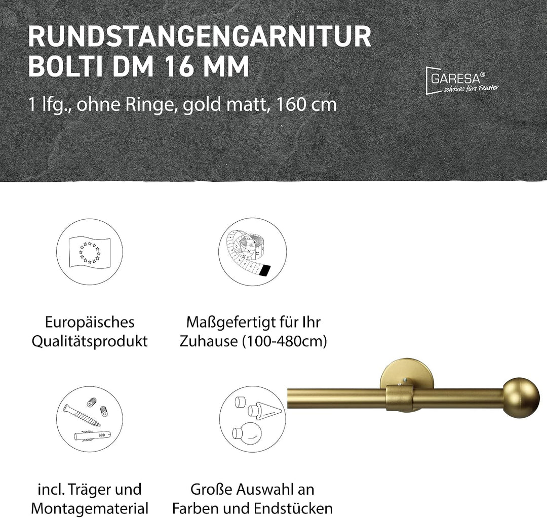 Garesa Gardinenstange Bolti Ø 16mm, 1-läufig, Gold, matt I Stabile Vorhangstange ohne Ringe I Mit En