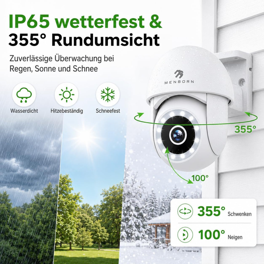 Menborn Überwachungskamera Aussen 2.5K/4MP, Aktualisierte Kamera Überwachung 360° mit Starlight Farb