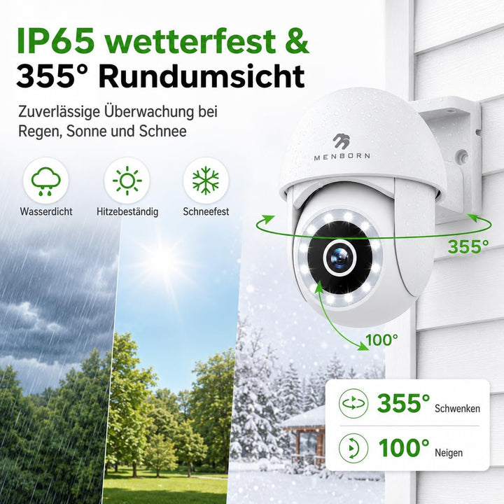Menborn Überwachungskamera Aussen 2.5K/4MP, Aktualisierte Kamera Überwachung 360° mit Starlight Farb