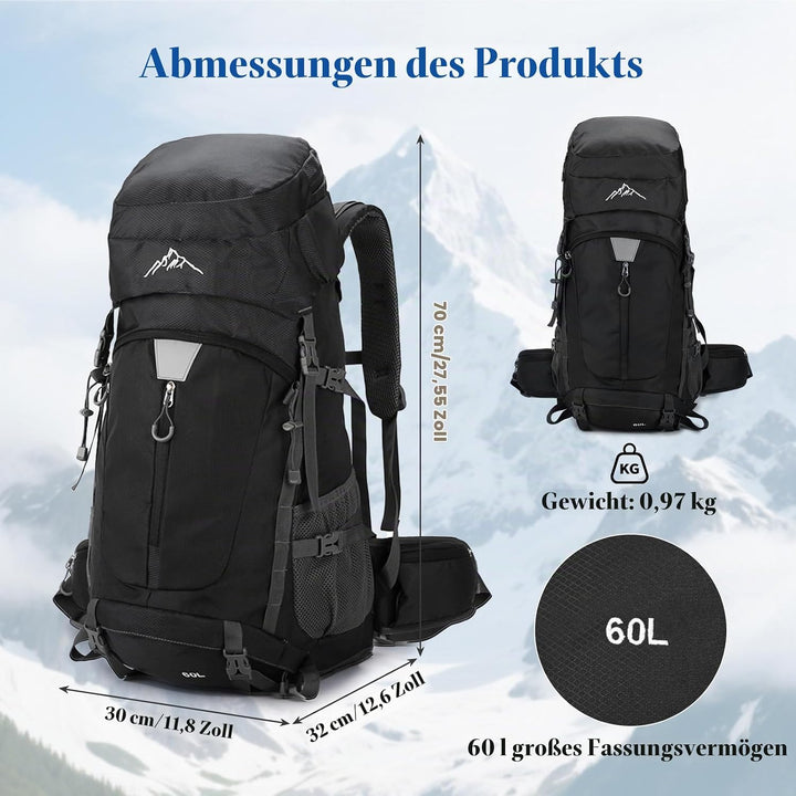 Wanderrucksack Wasserdicht 60L, Leichter Campingrucksack Sportlicher Reiserucksack Trekkingrucksack