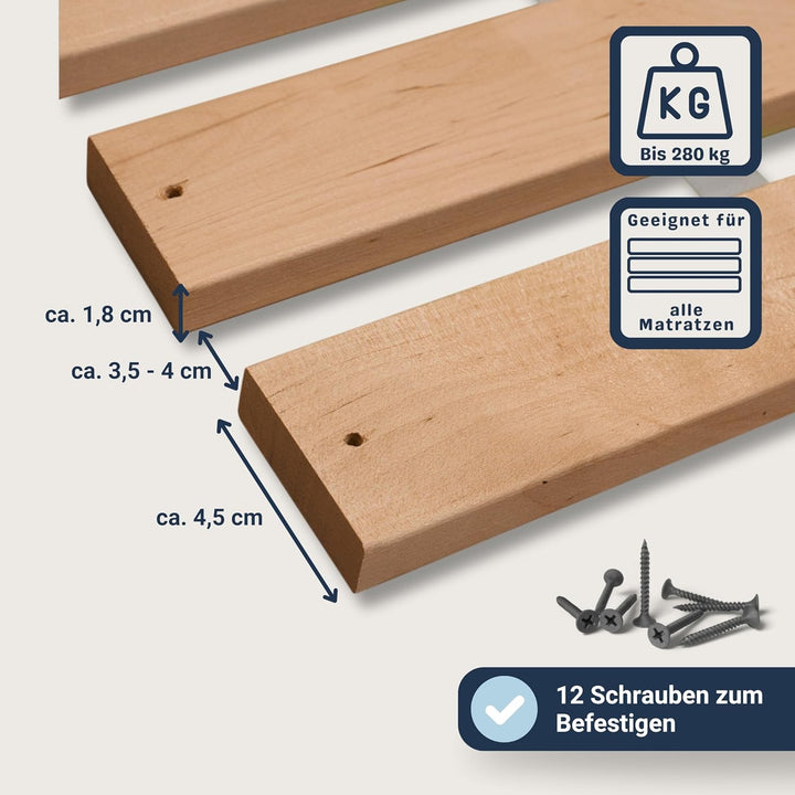 Betten-ABC Premium Rollrost, Stabiles Erlenholz, mit 23 Leisten und Befestigungsschrauben Grösse 90