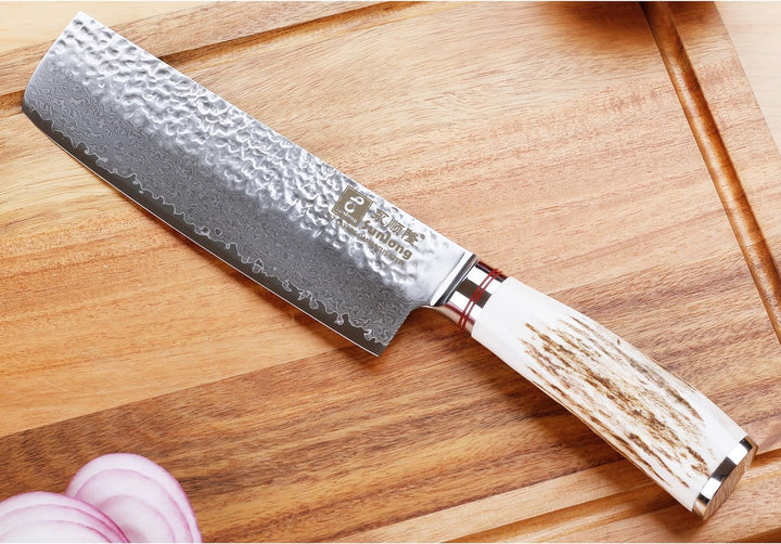 Sunlong Nakiri Messer 6,5 Zoll Usuba Messer Japanischer Hammered Damaskus Stahl Naturgeweih Griff Na