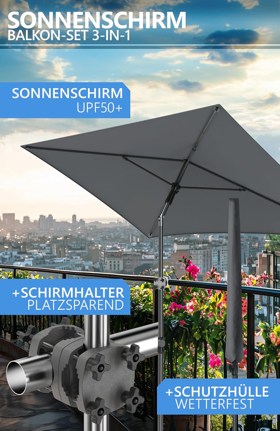 4smile Sonnenschirm Balkon SunnyShade, Sonnnenschutz Balkon SET 3-in-1, Anthrazit - UV50+ SunnyGuy S