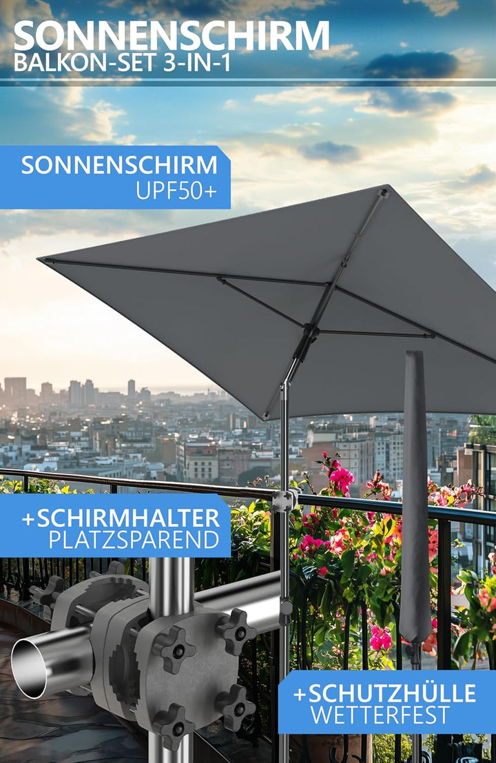 4smile Sonnenschirm Balkon SunnyShade, Sonnnenschutz Balkon SET 3-in-1, Anthrazit - UV50+ SunnyGuy S