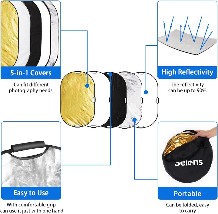 Selens 5-in-1 100x150cm Oval Reflektor Tragbarer Faltbarer für Fotografie Fotostudio Beleuchtung Aus