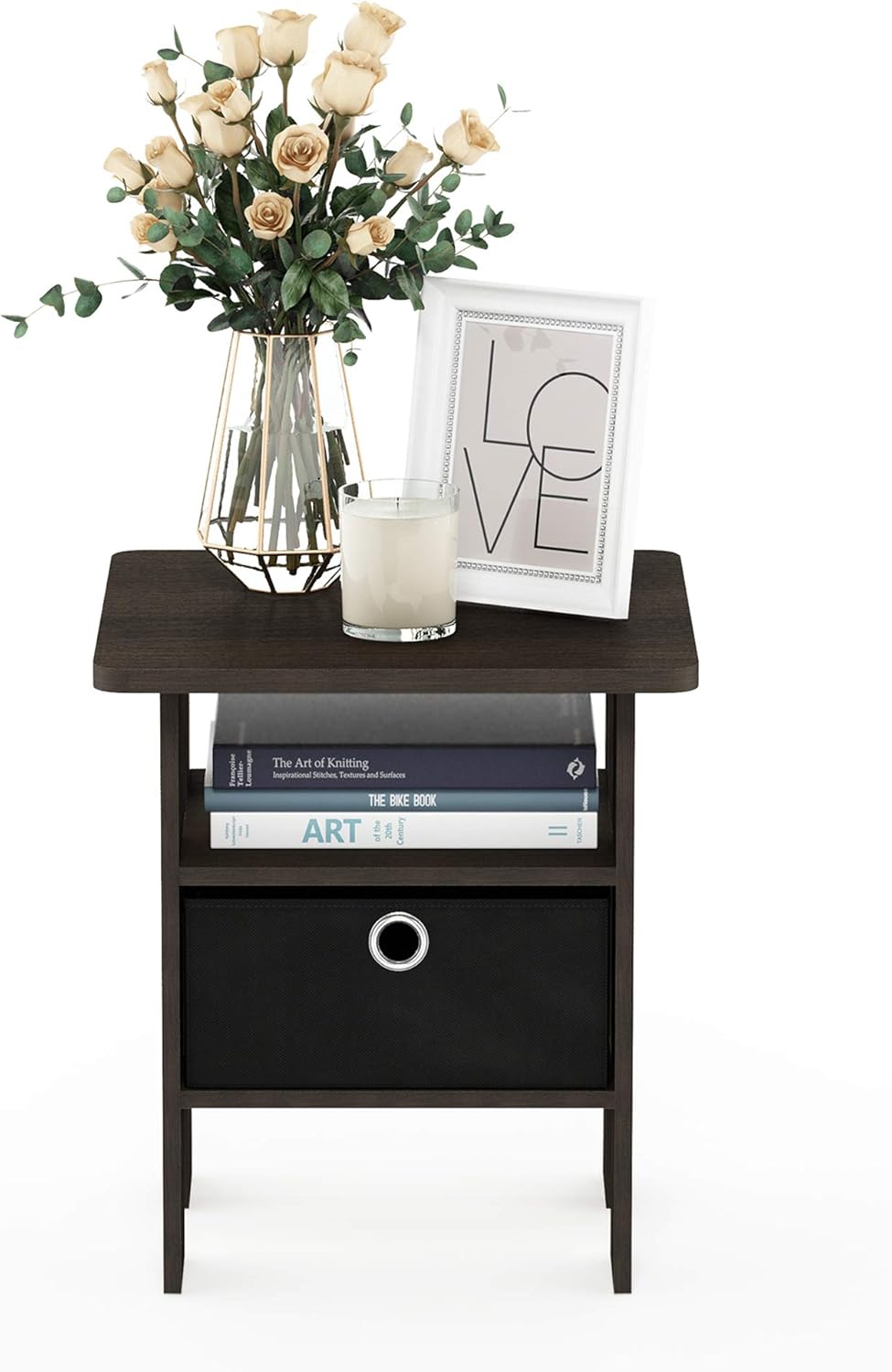 Furinno Andrey Beistelltisch Nachttisch mit Schublade, Dunkelbraun/Schwarz, 39.37 x 39.37 x 44.45 cm