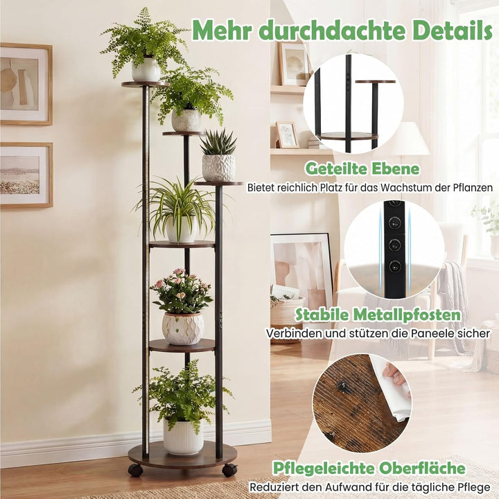 COSTWAY Blumenständer, 6-stufiges Pflanzenständer mit LED-Beleuchtung & Rollen, Pflanzenregal Outdoo