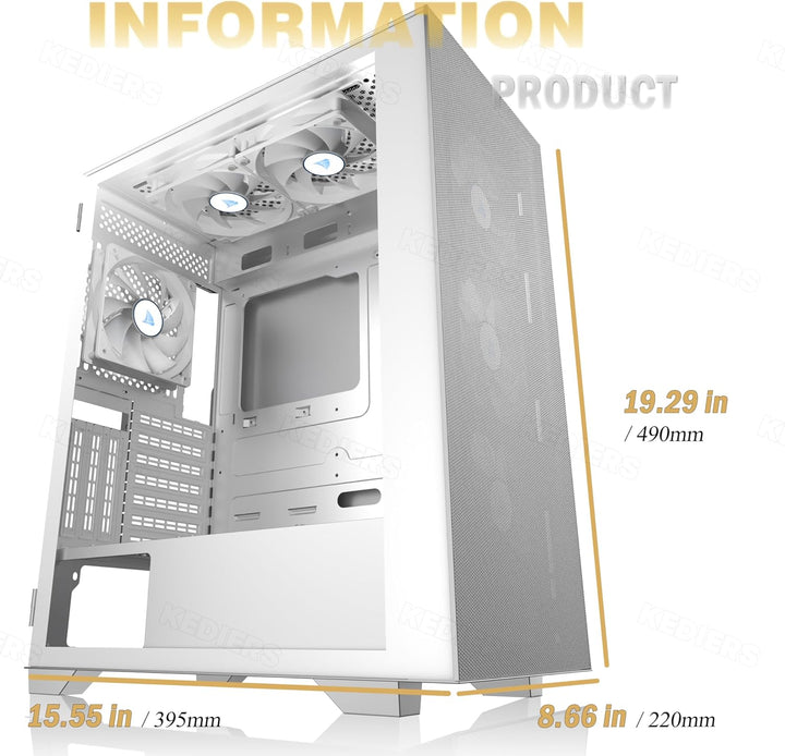 KEDIERS PC Gehäuse - vorinstallierte 6 PWM-Lüfter, ATX Mid Tower Gaming Gehäuse, Mesh Computergehäus