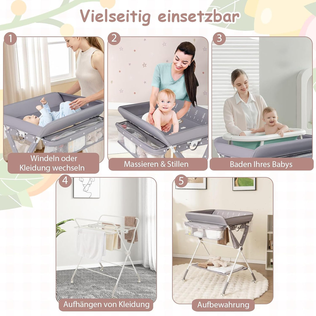 DREAMADE Wickeltisch Klappbar, Tragbare Wickelstation Baby mit Wasserbecken, Aufbewahrungskorb, Sich