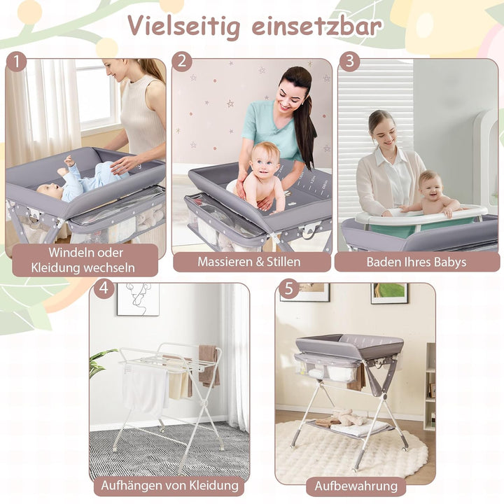 DREAMADE Wickeltisch Klappbar, Tragbare Wickelstation Baby mit Wasserbecken, Aufbewahrungskorb, Sich