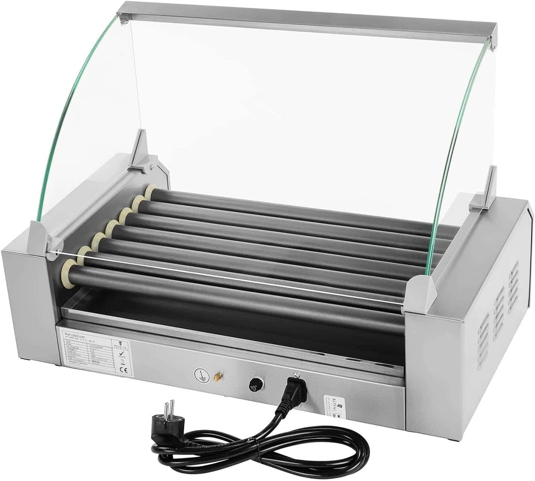 Royal Catering Hot Dog Grill - 7 Rollen, 12 Würstchen, Teflonbeschichtet, 1400 W, 2 Heizzonen, Edels