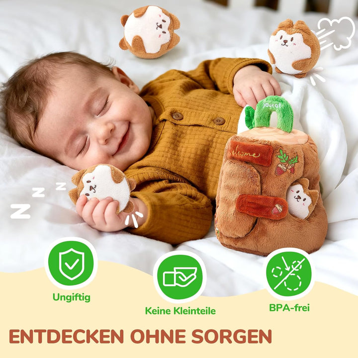 JoyCat Baby Spielzeug 6-12 Monate, Montessori BabySpielzeug Baumhaus | 5 Plüsch Eichhörnchen, Rassel