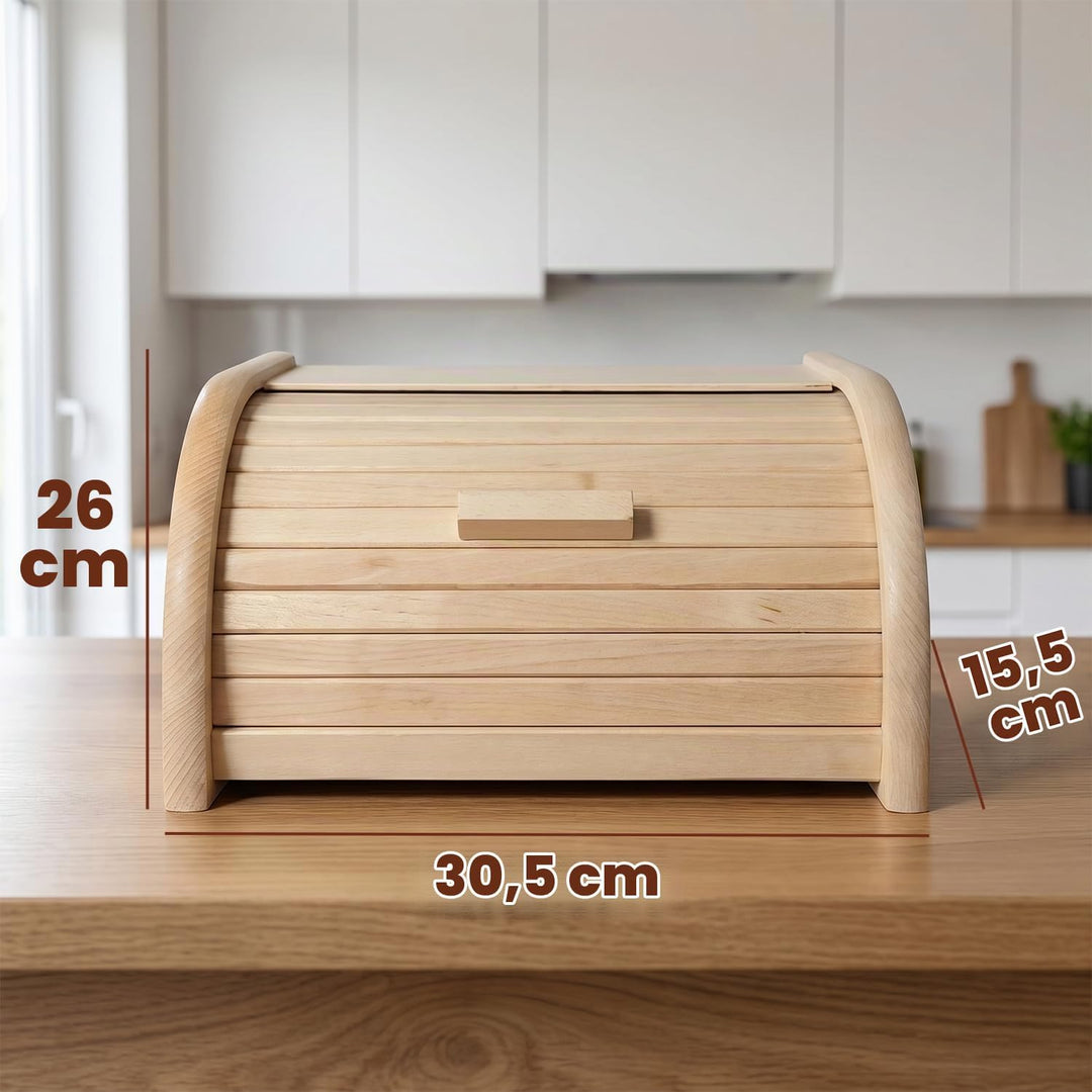 Brotkasten Holz 30,5 x 26 x 15,5 cm - Brotbox aus Buchenholz mit grosser Öffnung und Rolltop, die di