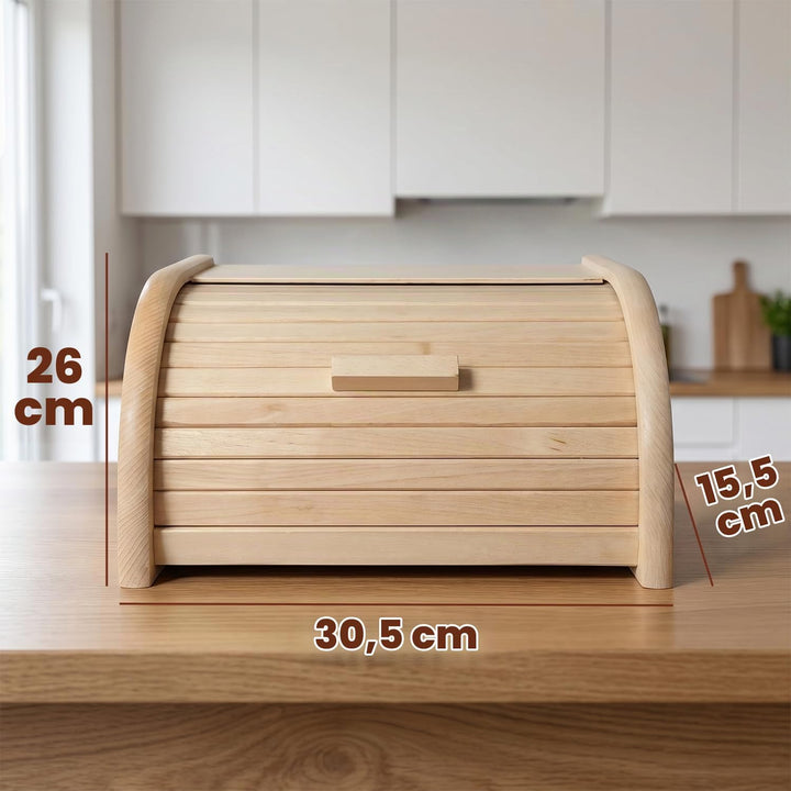 Brotkasten Holz 30,5 x 26 x 15,5 cm - Brotbox aus Buchenholz mit grosser Öffnung und Rolltop, die di
