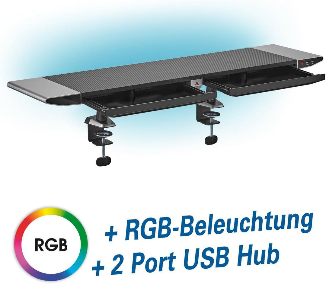 mywall Monitorständer mit RGB-Beleuchtung - HT44L, Klemmbefestigung, Bildschirmerhöhung, 2 Schublade