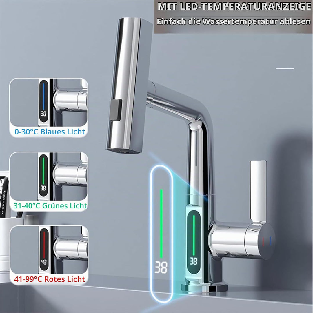 Wasserhahn Bad/Küche mit Ausziehbar Brause, LED Temperaturanzeige Waschtischarmatur Badezimmer mit 3
