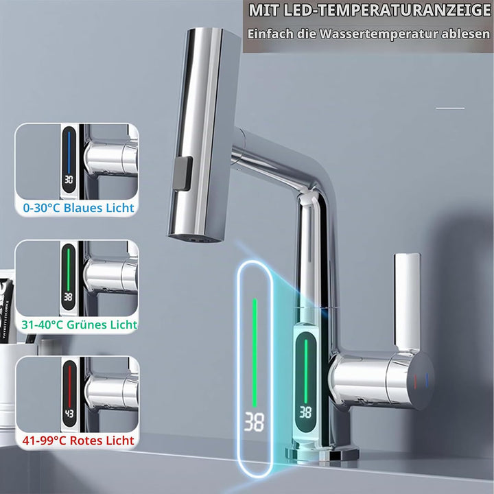 Wasserhahn Bad/Küche mit Ausziehbar Brause, LED Temperaturanzeige Waschtischarmatur Badezimmer mit 3