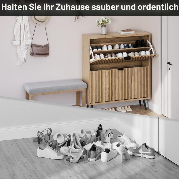 Smuxee Schuhschrank mit 2 Klappschubladen, 80 cm, natürlicher versteckter Schuhschrank mit geriffelt