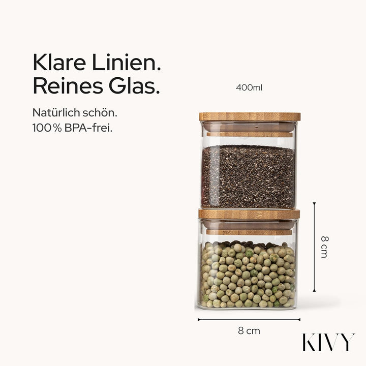 KIVY Vorratsgläser mit Deckel - 4 x 400ml - Kleine Vorratsdosen mit Bambusdeckel - Vorratsdosen Glas