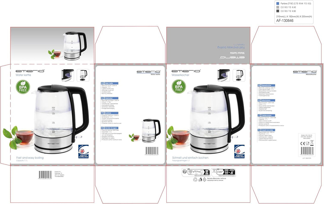 EMERIO Glas Wasserkocher mit 1.7 Liter Volumen | 2200 Watt | blaue LED Innenbeleuchtung | 360° Basis