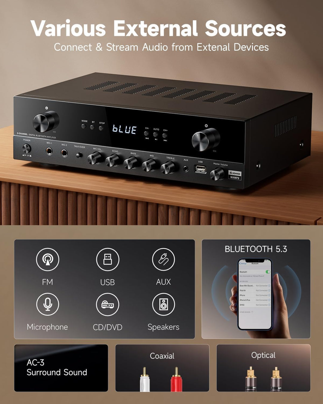 Donner Audio-Leistungsverstärker, 5.1-Kanal-Audioverstärker mit Bluetooth 5.3, optischem/koaxialem E