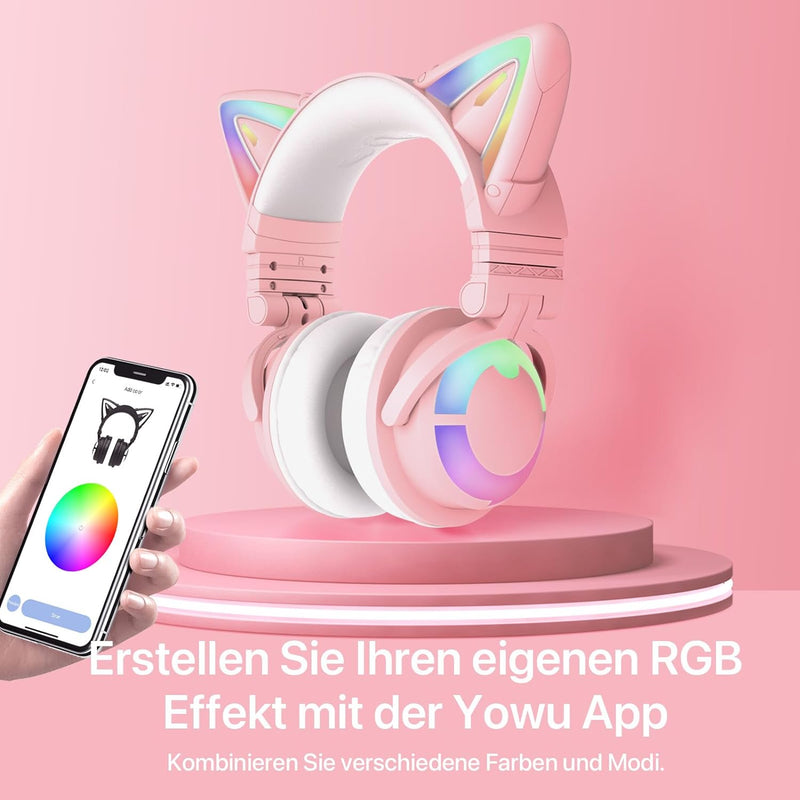 YOWU RGB Cat Ear Kopfhörer 3G Wireless 5.0 Faltbares Gaming-Headset mit 7.1 Surround Sound, integrie