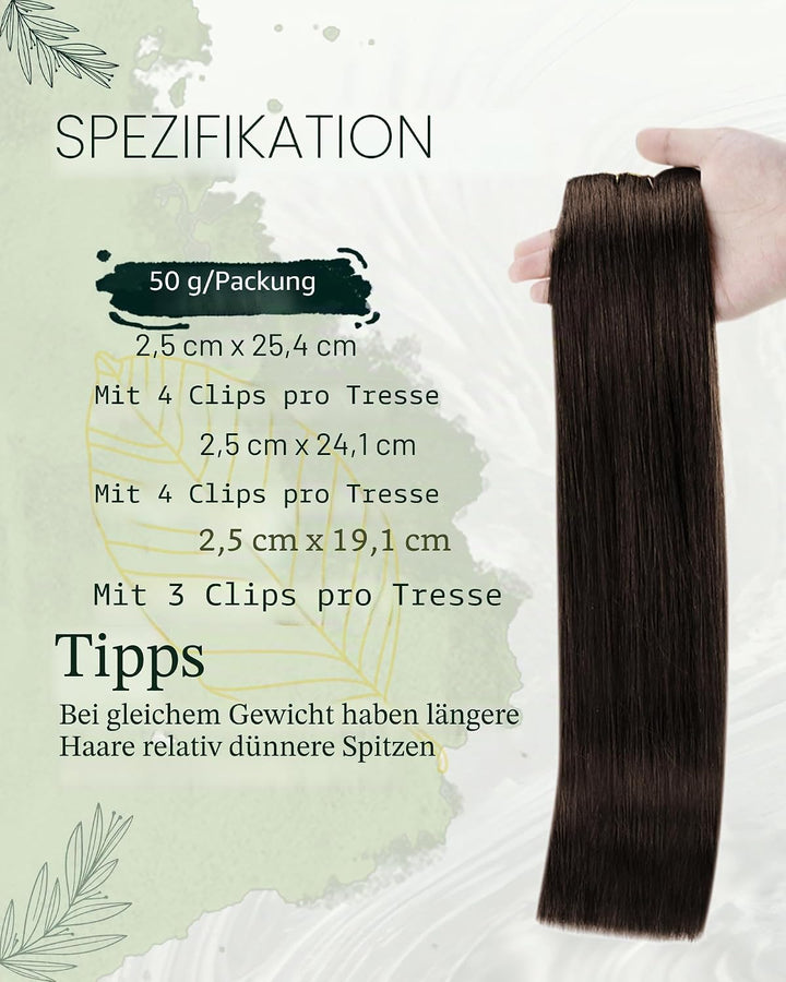 RUNATURE Clip in Extensions Echthaar Braun 50cm 3pcs Echthaar Extensions Clip Dunkelbraun Haarverlän