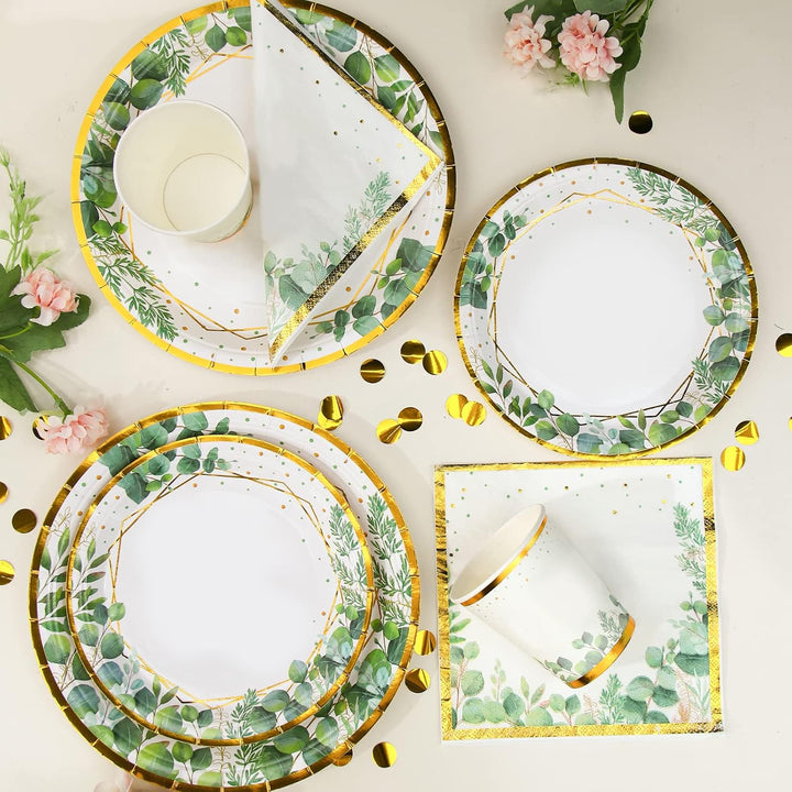Grün Partygeschirr Set,96Pcs Green Gold Baby Shower Pappteller,Olive Grün Einwegteller Set mit Pappt