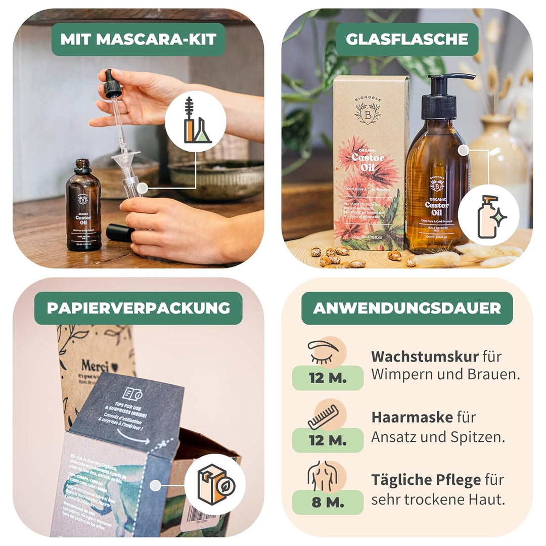 BIONOBLE Rizinusöl Kaltgepresst Bio + Mascara-Kit, 100% Natürlich - Wachstumsfördernd, Repariert - R