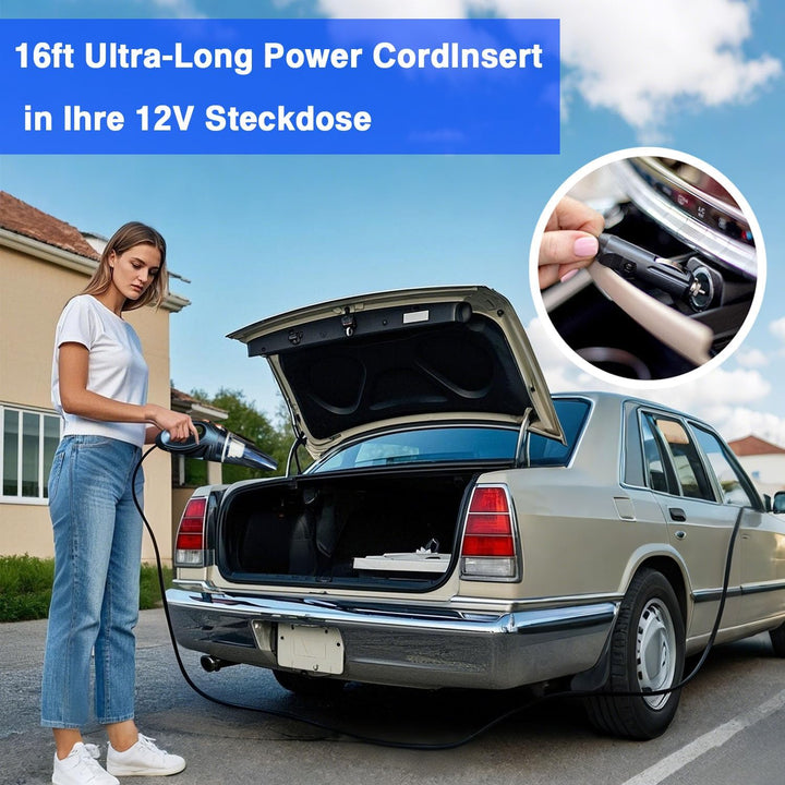 Handstaubsauger für Auto mit HEPA & waschbarem Filter, 4,9m Kabel, 106W – Tragbarer 12V Staubsauger