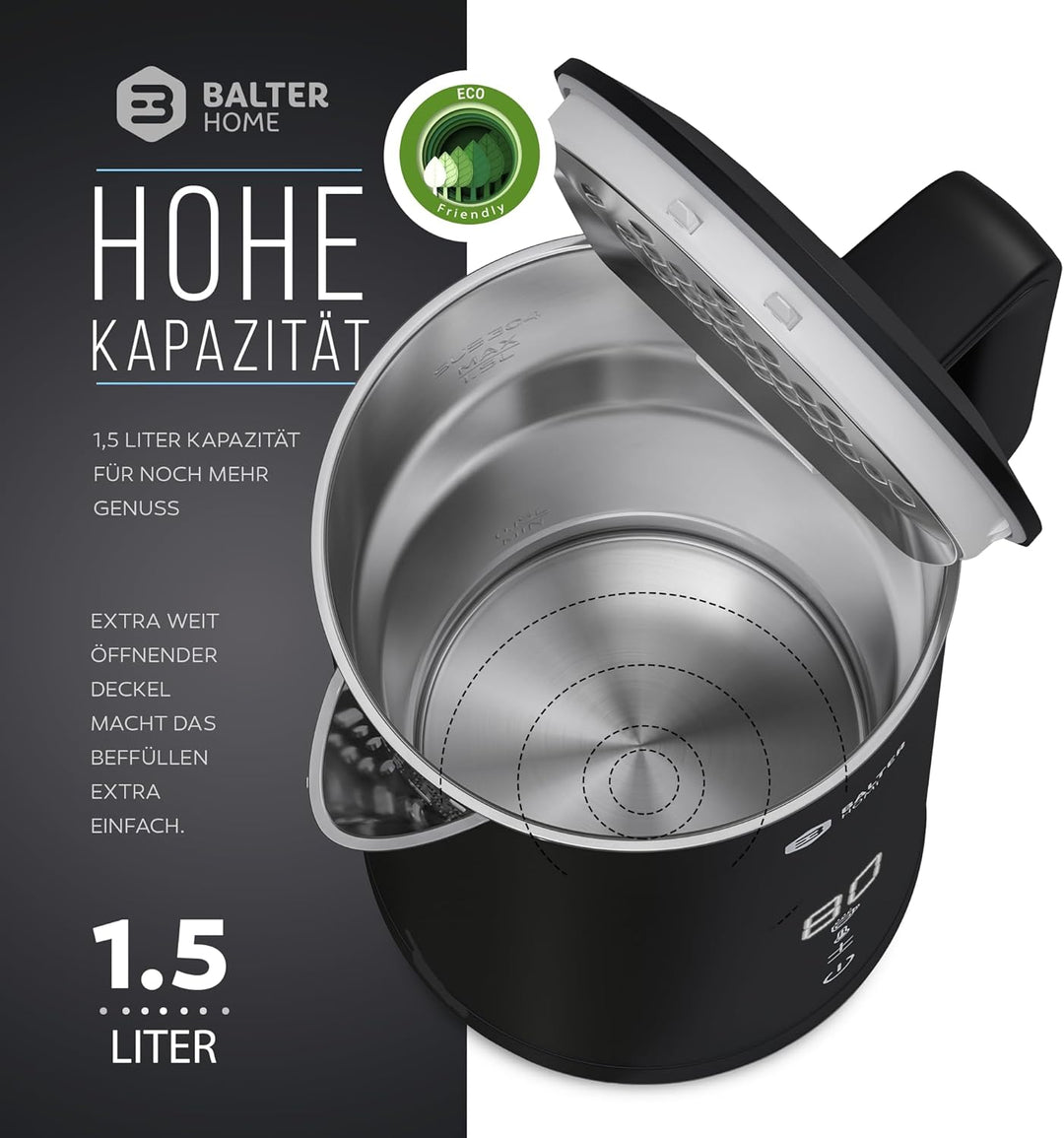 Balter Edelstahl Wasserkocher mit Temperatureinstellung, 40°C-100°C, Doppelwand, BPA frei, 1,5L, Sch