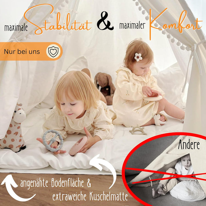LIONHERZ® DAS ORIGINAL Tipi Zelt für Kinder aus 100% Baumwolle mit Federdeko, Kuschelmatte, Tragetas