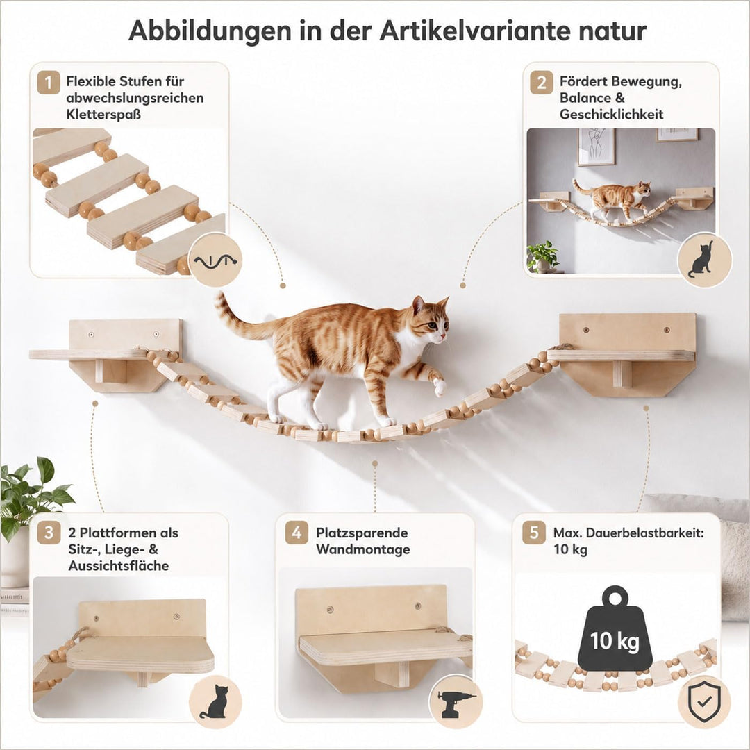 Mendler Kletterbrücke HWC-Q56 - Natur | Katzenleiter, Katzentreppe, Hängebrücke, Katzenbrücke, Platt