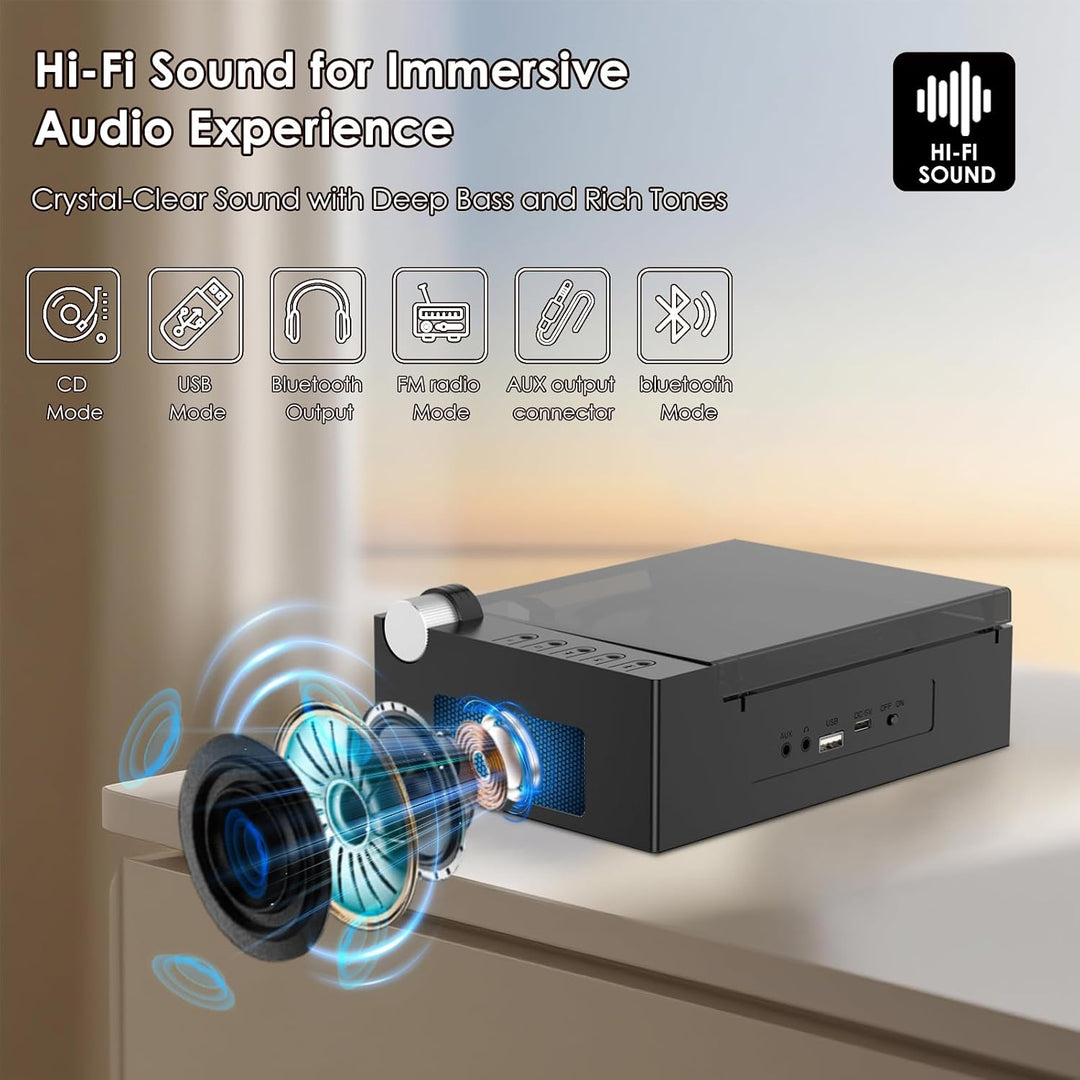 Tragbarer CD-Player für zu Hause mit Hi-Fi-Lautsprecher | Bluetooth-Sender und -Empfänger, Timer, LE