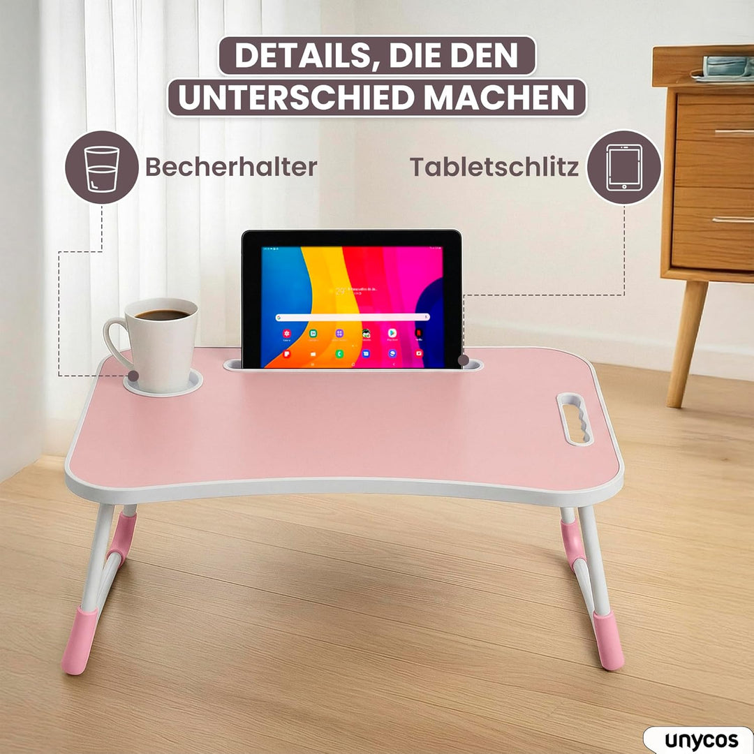 unycos - Betttablett Klappbar, Frühstückstablett mit Griff und Getränkehalter, Serviertisch, Ideal f