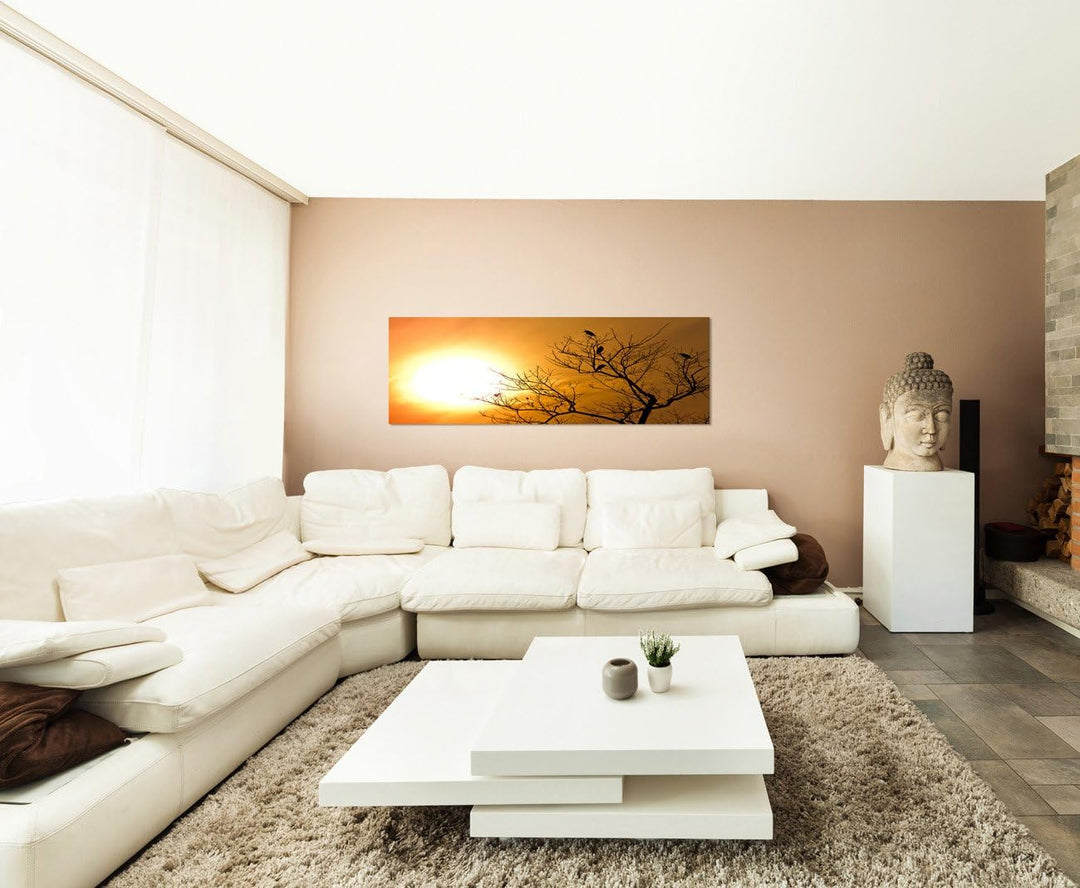 Paul Sinus Art Panoramabild auf Leinwand und Keilrahmen 150x50cm Nepal Baum Vögel Sonnenuntergang