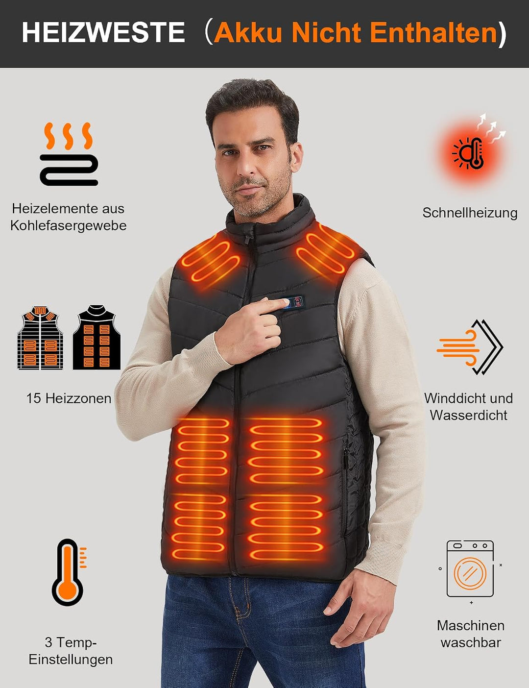 Beheizbare Weste für Damen und Herren, Beheiztes Gilet mit 15 Heizpads, beheizter Körperwärmer für O