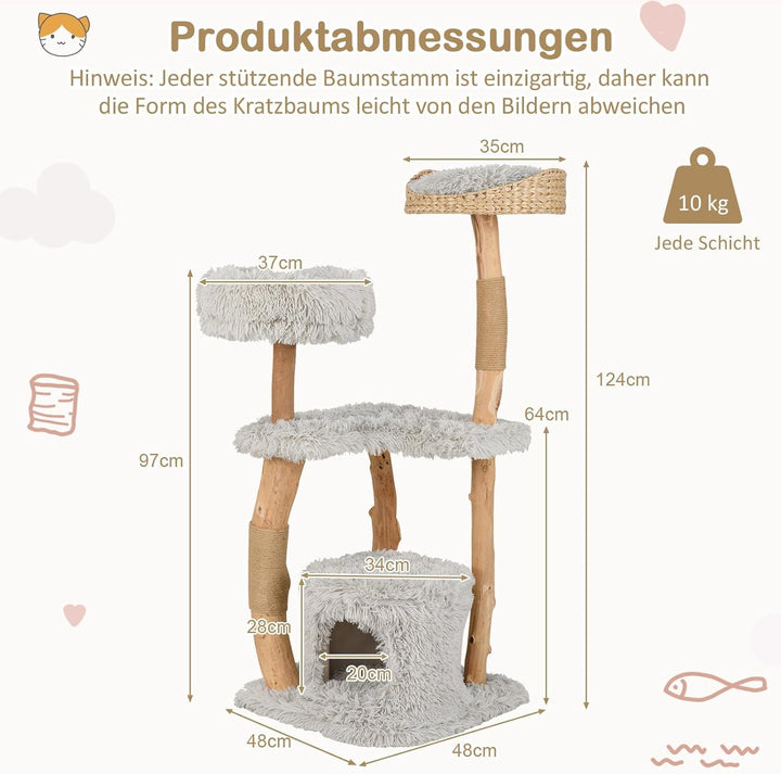 FANTASK Katzenmöbel Massivholz mit Katzenhöhle & Plüschsitzfläche & Sitzplattform, 124cm Kletterbaum