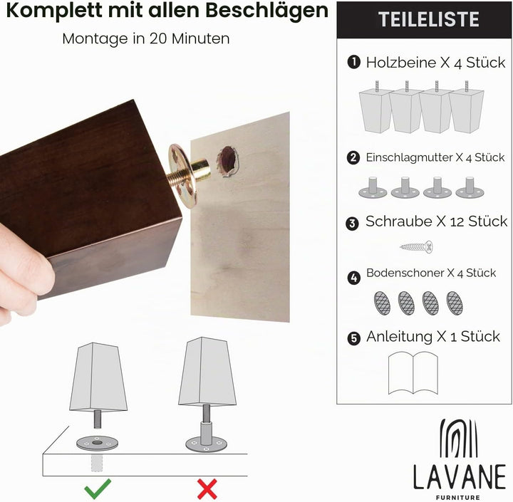 La Vane 4 Stück Möbelfüsse aus Massivholz - 12cm Höhe, Unlackiert, Pyramidenform mit M8 Gewindebolze