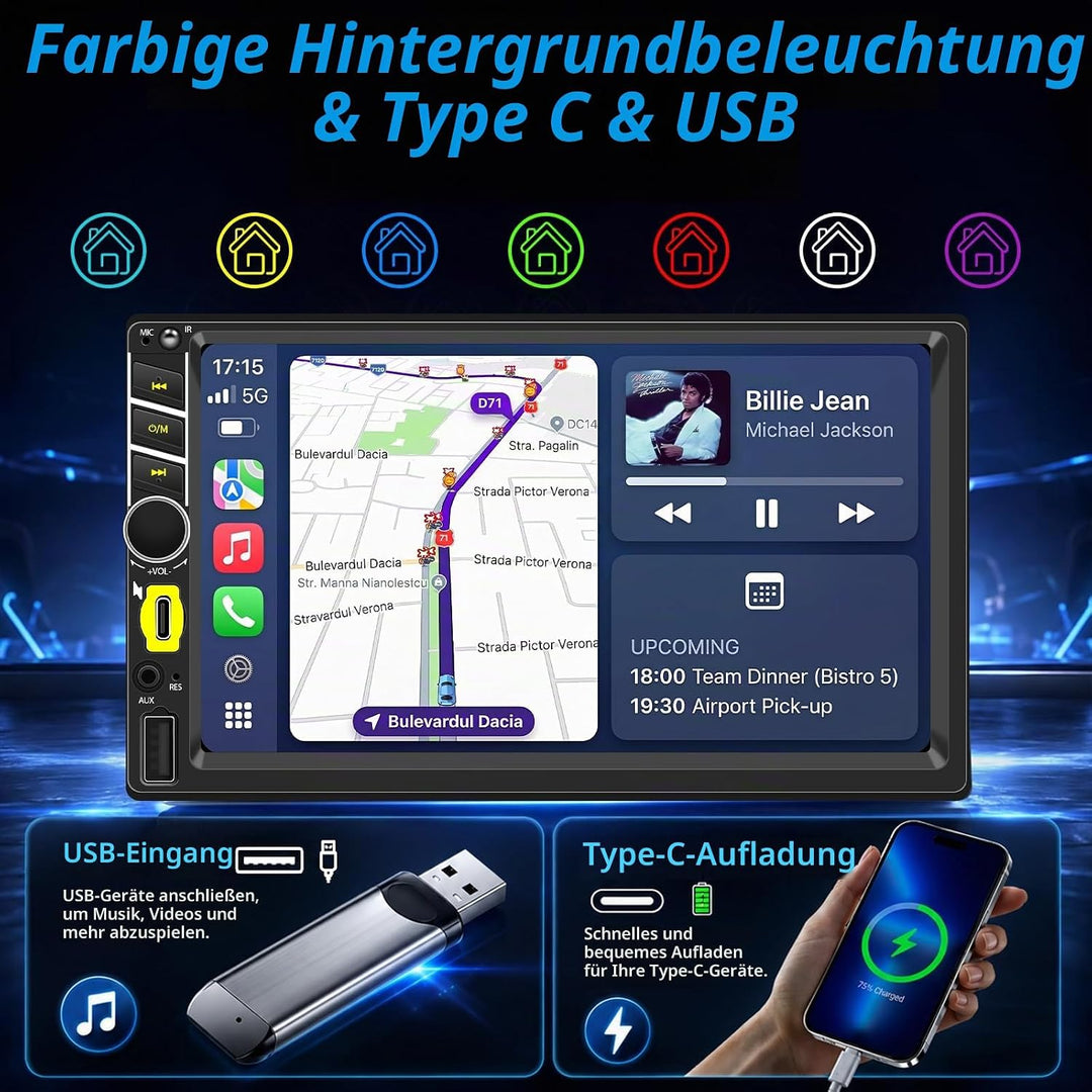 WERESOUND 1 DIN Autoradio mit Wireless CarPlay Android Auto, 7 Zoll Touchscreen Display, Bluetooth F