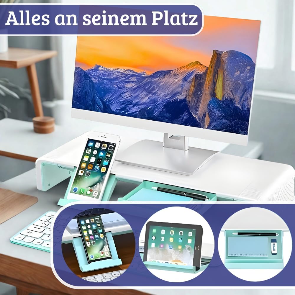 (HG) Monitorständer mit Schublade und Handyhalter, Monitorerhöhung, ergonomischer Bildschirmständer