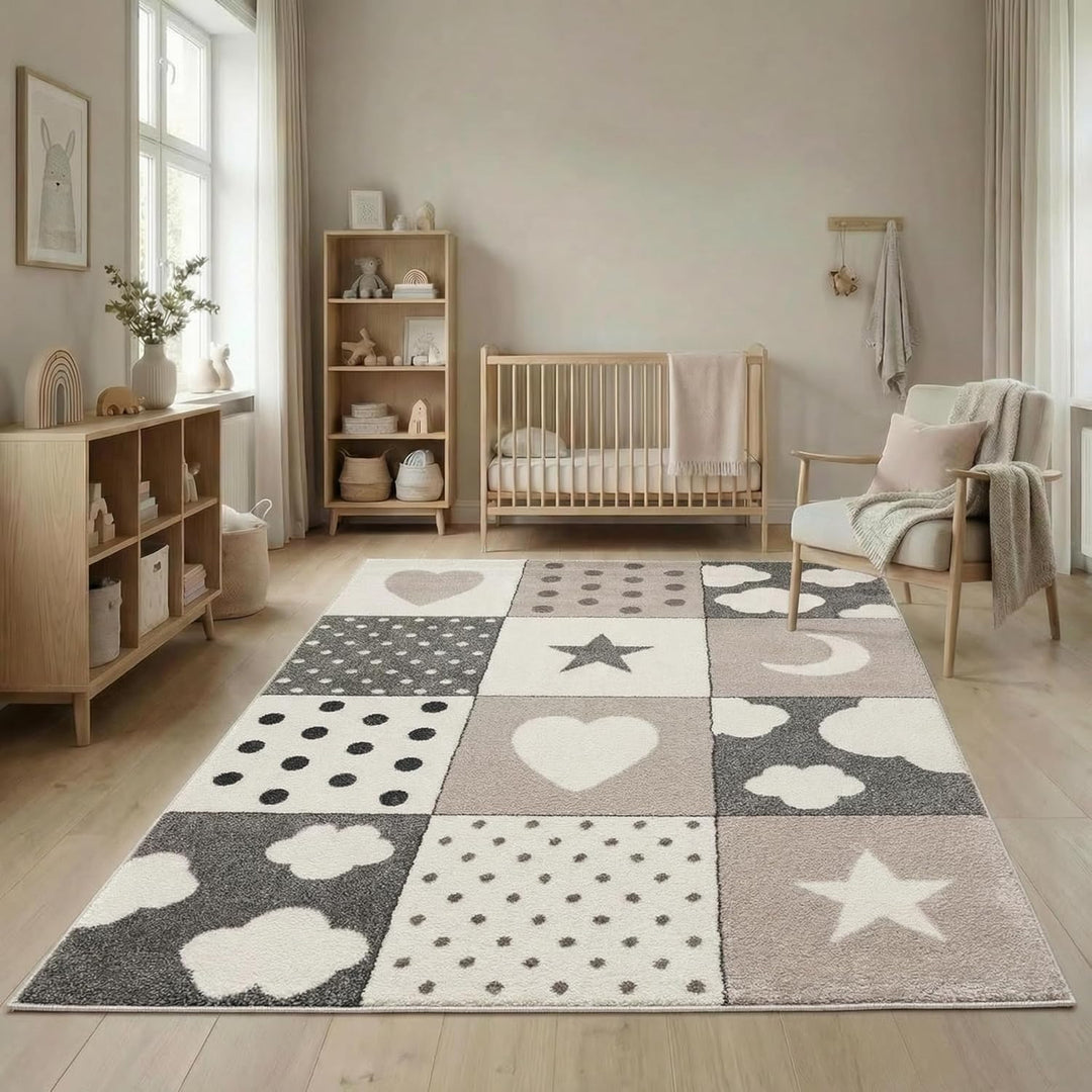 | Kinderteppiche Patchwork Herz Sterne Wolke | Kinderteppich für Mädchen und Jungs | Teppich für Kin
