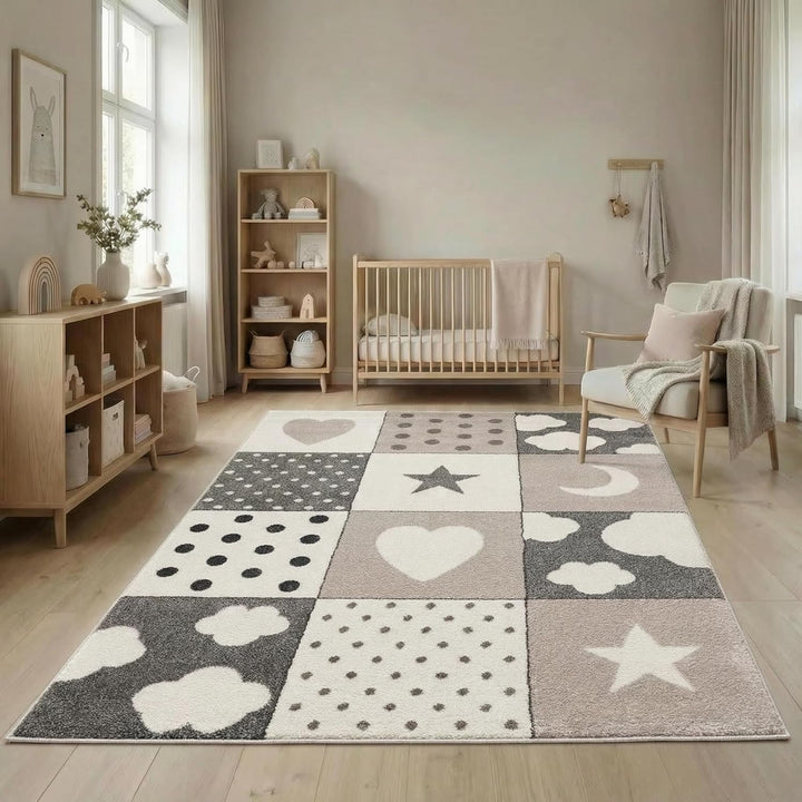 | Kinderteppiche Patchwork Herz Sterne Wolke | Kinderteppich für Mädchen und Jungs | Teppich für Kin