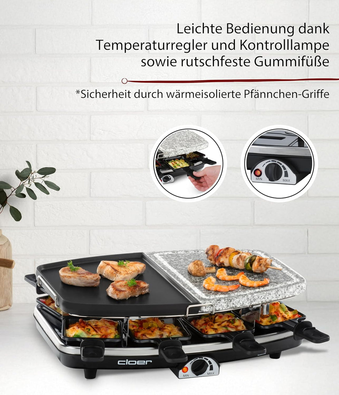 Cloer 6435 Raclette mit Naturstein / 1200 W / 8 antihaftbeschichtete Raclettepfännchen Geteilte