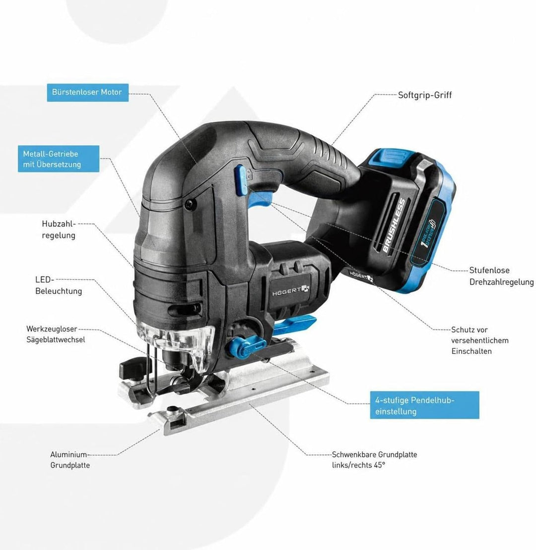 HÖGERT TECHNIK Akku-Pendelhubstichsäge 18V, bürstenloser Motor, kabellos, 0-2600 U/min, 26mm Klingen