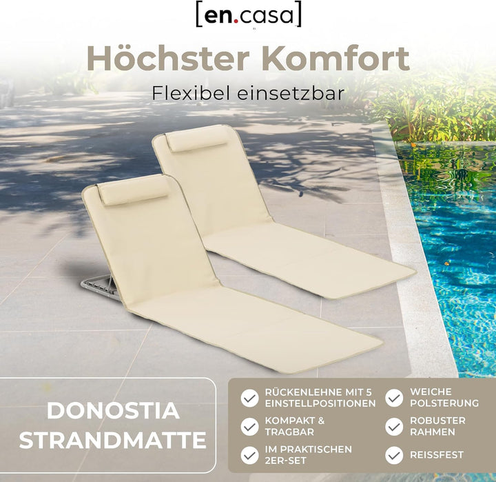 [en.casa] Strandmatte Donostia 2er Set Sonnenmatte klappbar Beige Strandliege mit Verstellbarer Rück