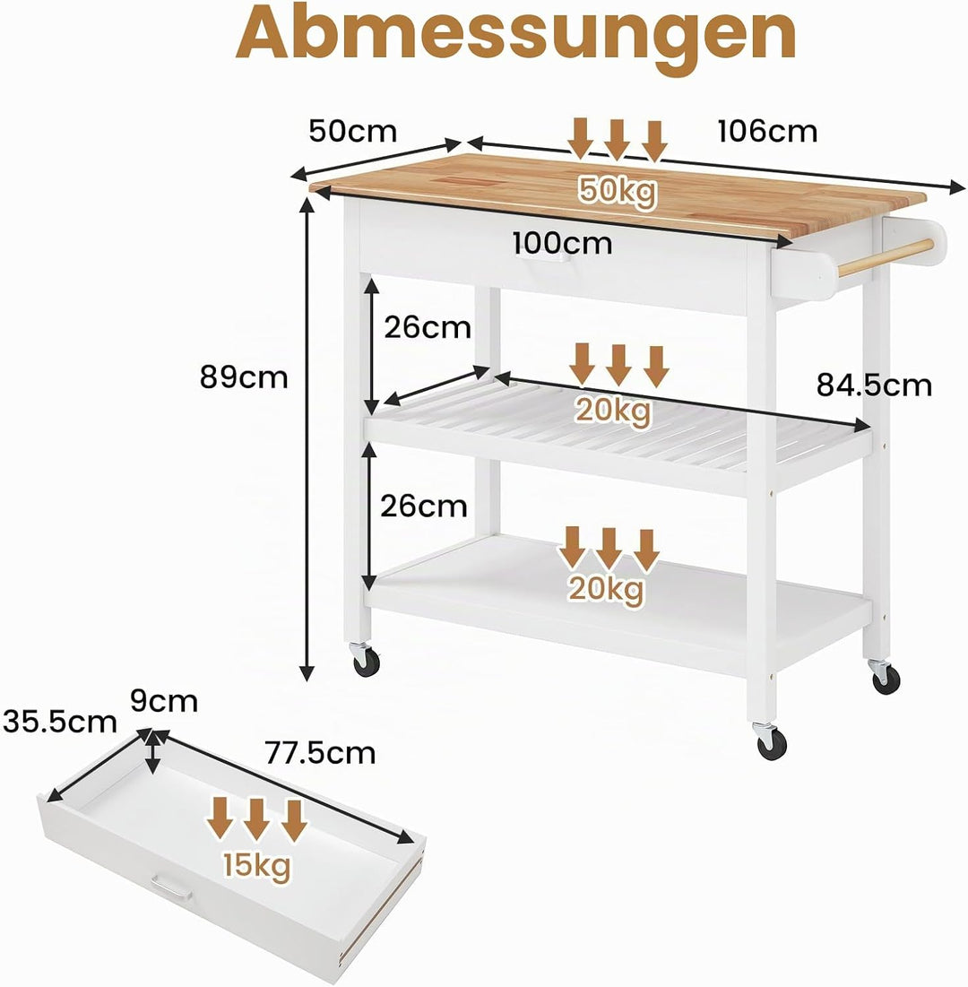 KOMFOTTEU Küchenwagen auf Rollen, Servierwagen mit Arbeitsplatte, Schublade, 2 offene Ablagen, Küche