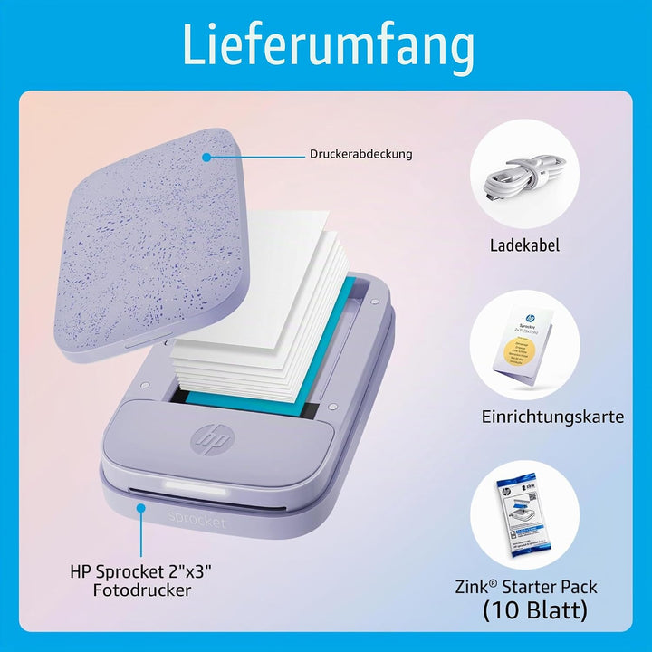 HP Sprocket Portable 2x3 Zoll Sofortbilddrucker (Lila) Zink-Papierbündel, Lila