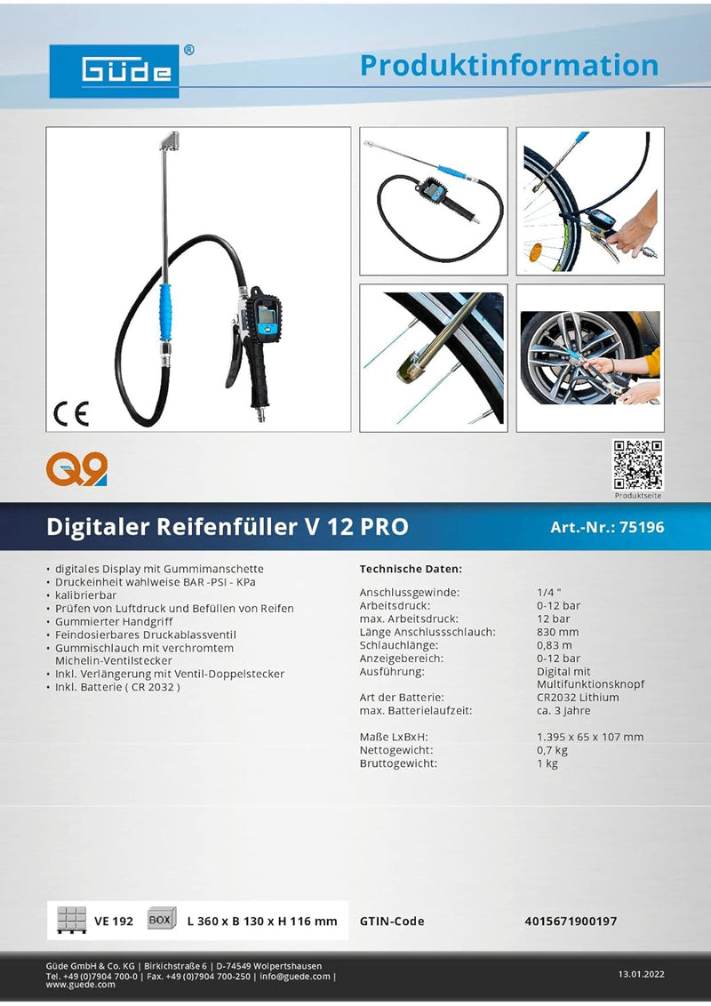 Güde Digitaler Reifenfüller V 12 PRO (Multifunktionsdisplay, 0-12 bar Arbeitsdruck, fein dosierbares