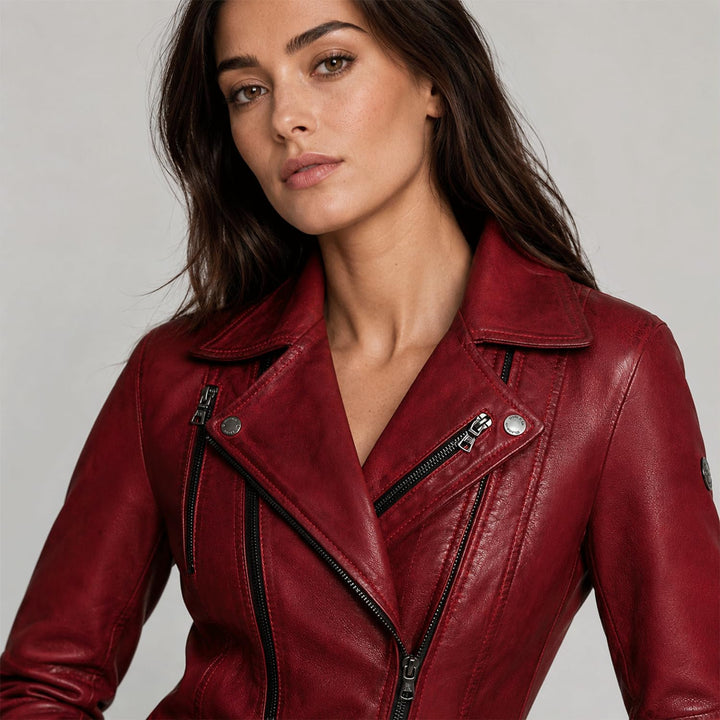Bluepiel Poula Damen Lederjacke - Modernen Biker-Look - Echt Leder Jacke Rot Tailliert mit Reverskra